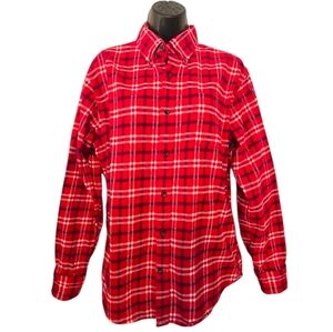 Lands' End Women's Red and White Plaid Button Down Shirt Cotton Fall Winter Med.